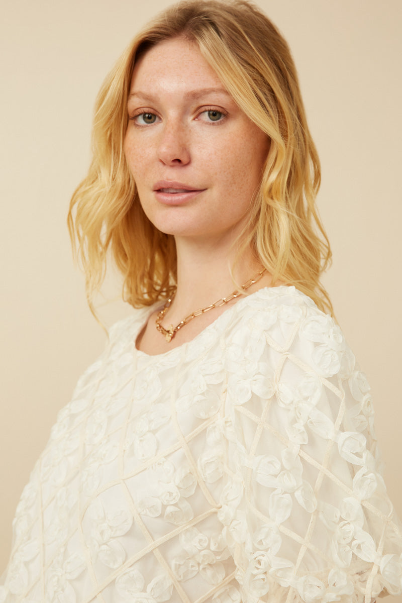 HY7416 Cream Womens Floral Applique Round Neck Top Gif