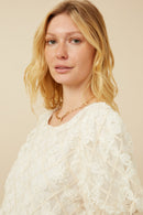 HY7416 Cream Womens Floral Applique Round Neck Top Gif