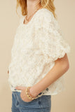 HY7416 Cream Womens Floral Applique Round Neck Top Front 2