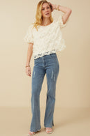 HY7416 Cream Womens Floral Applique Round Neck Top Back