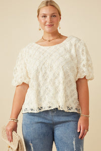 HY7416 Cream Womens Floral Applique Round Neck Top Front