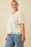 HY7416 Cream Womens Floral Applique Round Neck Top Full Body