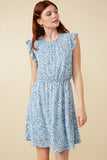 HY7420 Blue Womens Slinky Pleat Botanical Print Mini Dress Front