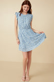HY7420 Blue Womens Slinky Pleat Botanical Print Mini Dress Gif