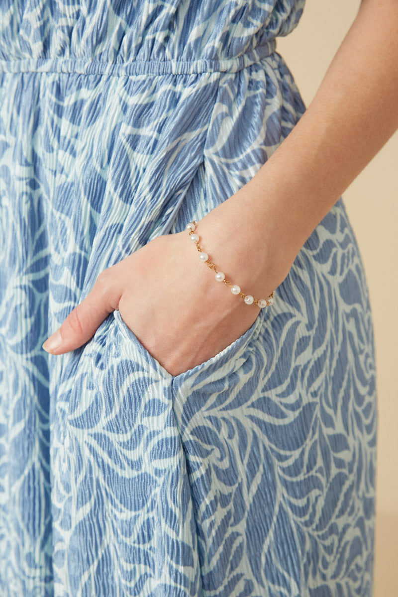 HY7420 Blue Womens Slinky Pleat Botanical Print Mini Dress Full Body