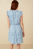 HY7420 Blue Womens Slinky Pleat Botanical Print Mini Dress Detail