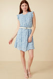 HY7420 Blue Womens Slinky Pleat Botanical Print Mini Dress Back