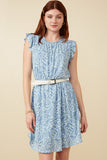 HY7420 Blue Womens Slinky Pleat Botanical Print Mini Dress Full Body