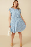 HY7420 Blue Womens Slinky Pleat Botanical Print Mini Dress Front 2
