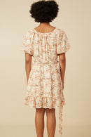 HY7421 RUST Womens Textured Needlepoint Floral Belted Wrap Dress Detail