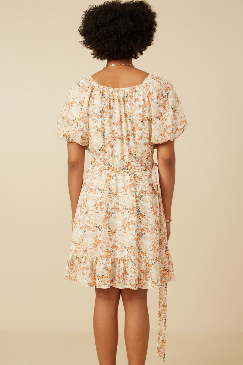 HY7421 RUST Womens Textured Needlepoint Floral Belted Wrap Dress Detail