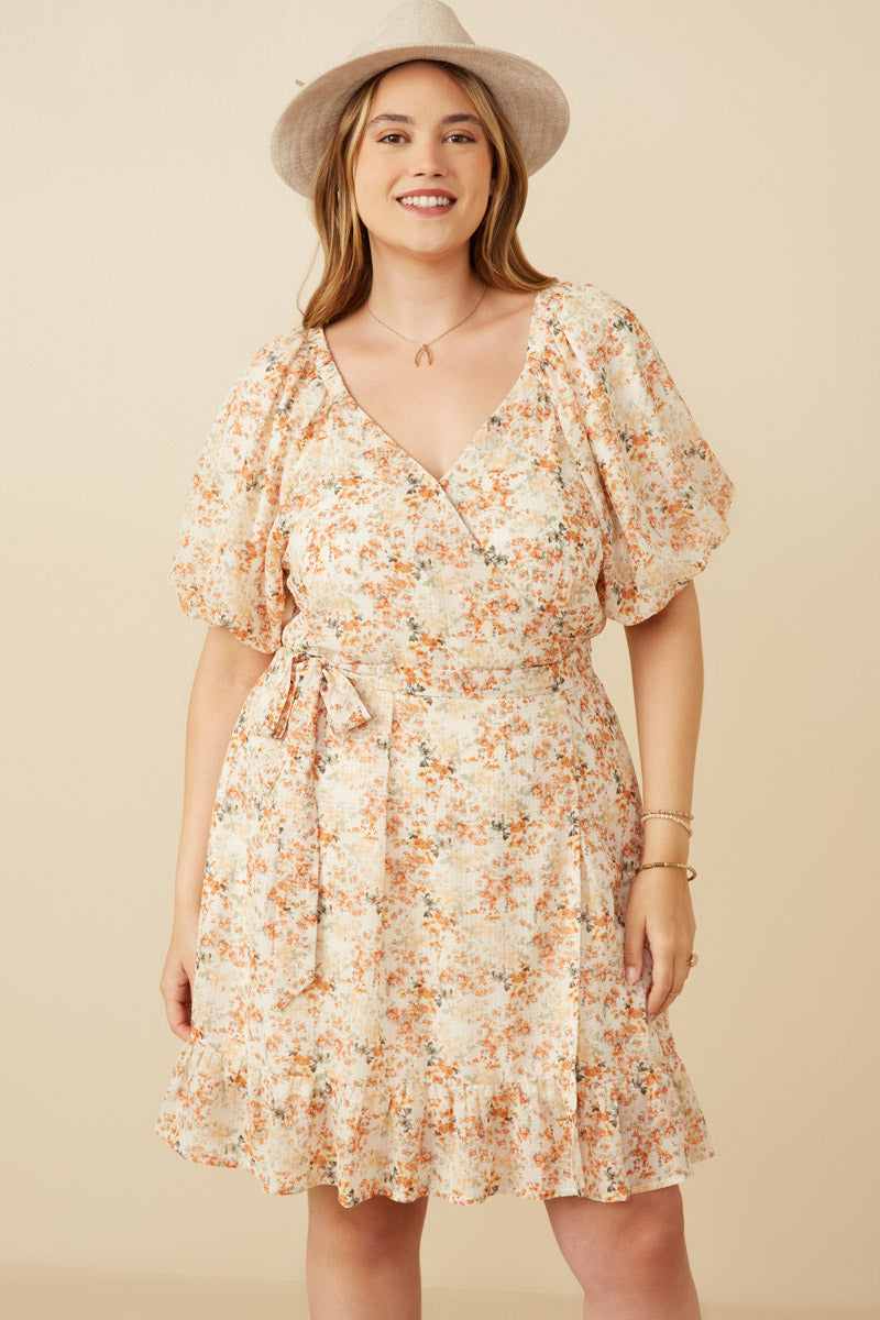 Textured Needlepoint Floral Belted Wrap Dress