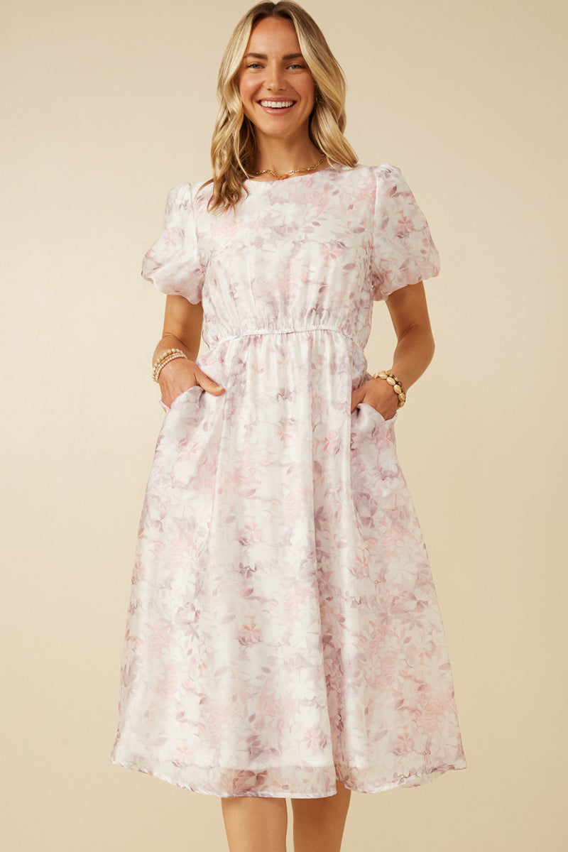 Floral Puff Sleeve Gathered Neck Organza Dress