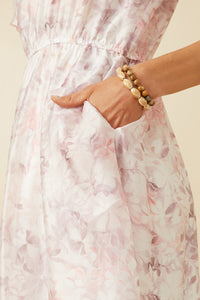 HY7425 Pink Womens Floral Puff Sleeve Gathered Neck Organza Dress Full Body
