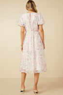 HY7425 Pink Womens Floral Puff Sleeve Gathered Neck Organza Dress Detail