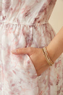 HY7425 Pink Womens Floral Puff Sleeve Gathered Neck Organza Dress Gif