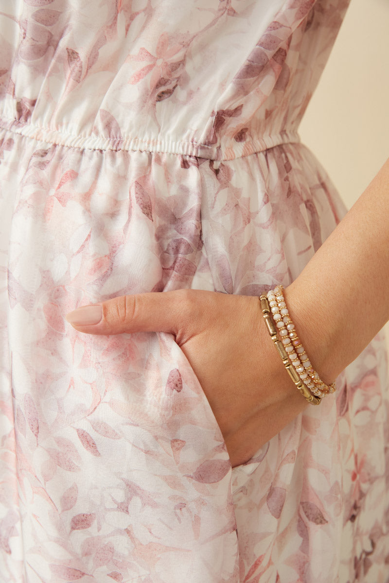 HY7425 Pink Womens Floral Puff Sleeve Gathered Neck Organza Dress Gif