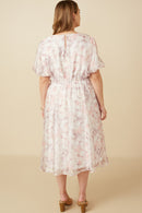 HY7425W Pink Plus Floral Puff Sleeve Gathered Neck Organza Dress Full Body 2