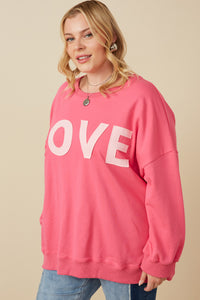 HY7428 PINK Womens Love Patched French Terry Sweatshirt Gif