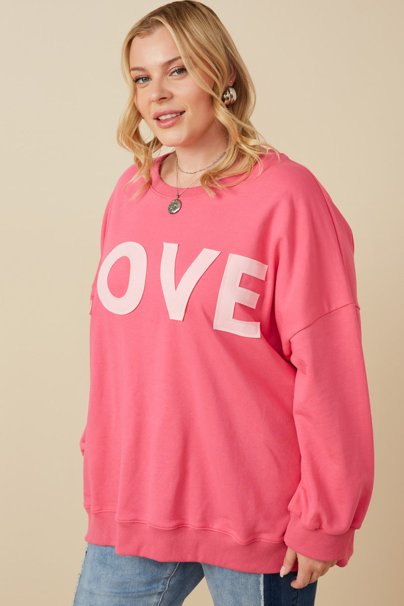HY7428 PINK Womens Love Patched French Terry Sweatshirt Gif