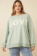 HY7428 PINK Womens Love Patched French Terry Sweatshirt Front
