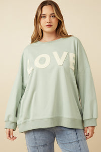 HY7428 PINK Womens Love Patched French Terry Sweatshirt Front