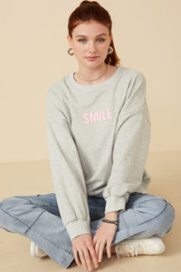HY7429 Grey Womens Smile Text Cropped French Terry Top Pose