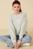 HY7429 Grey Womens Smile Text Cropped French Terry Top Pose