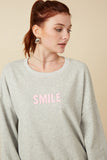 HY7429 Grey Womens Smile Text Cropped French Terry Top Full Body