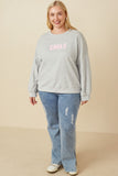 HY7429W Heather Grey Plus Smile Text Cropped French Terry Top Side