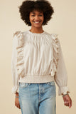 HY7431 TAUPE Womens Scallop Lace Detail Ruffled Poplin Top Front
