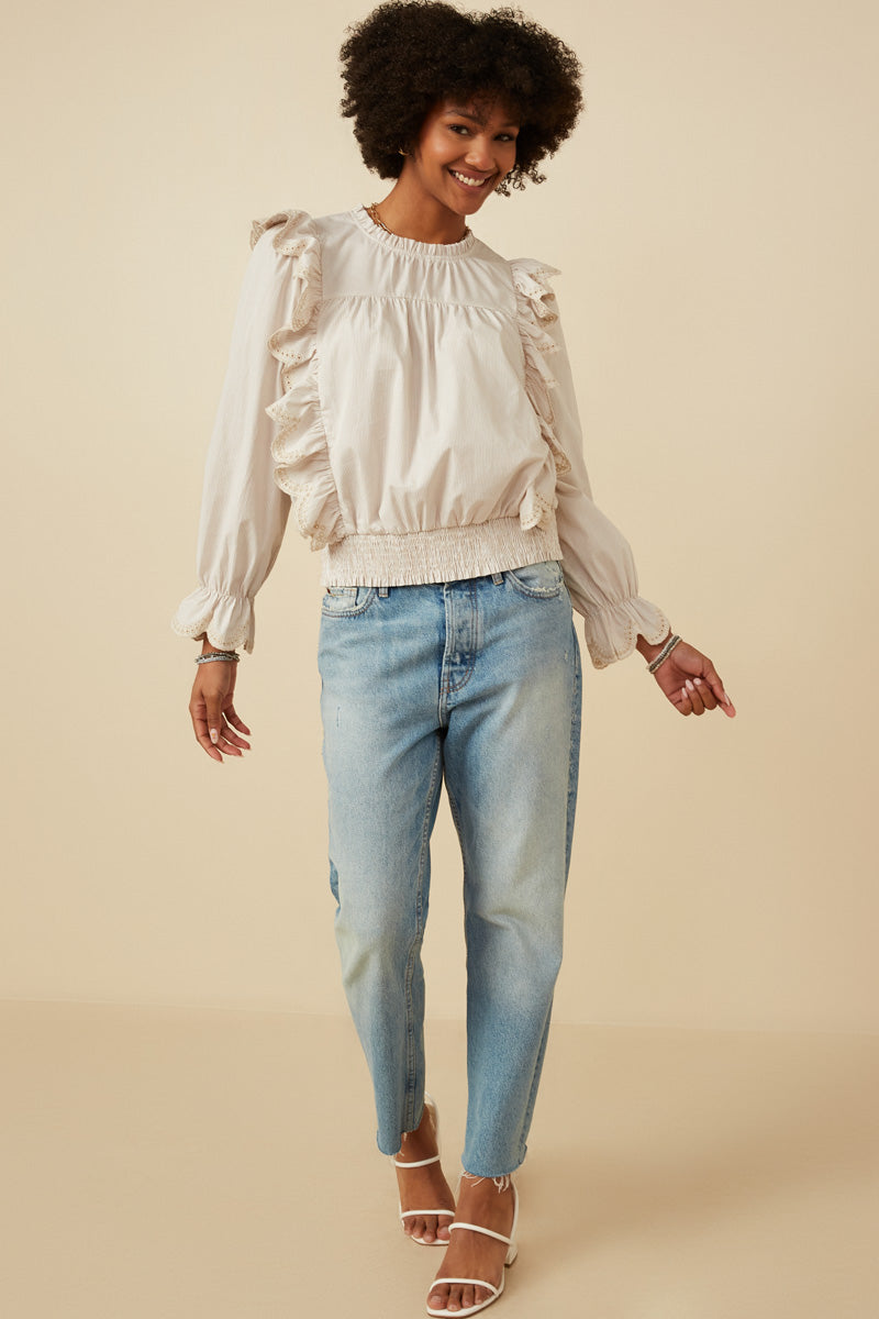 HY7431 TAUPE Womens Scallop Lace Detail Ruffled Poplin Top Gif