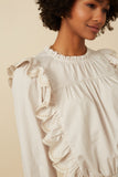 HY7431 TAUPE Womens Scallop Lace Detail Ruffled Poplin Top Full Body