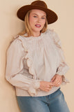 HY7431W Taupe Plus Scallop Lace Detail Ruffled Poplin Top Front