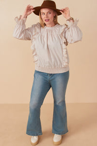 HY7431W Taupe Plus Scallop Lace Detail Ruffled Poplin Top Gif