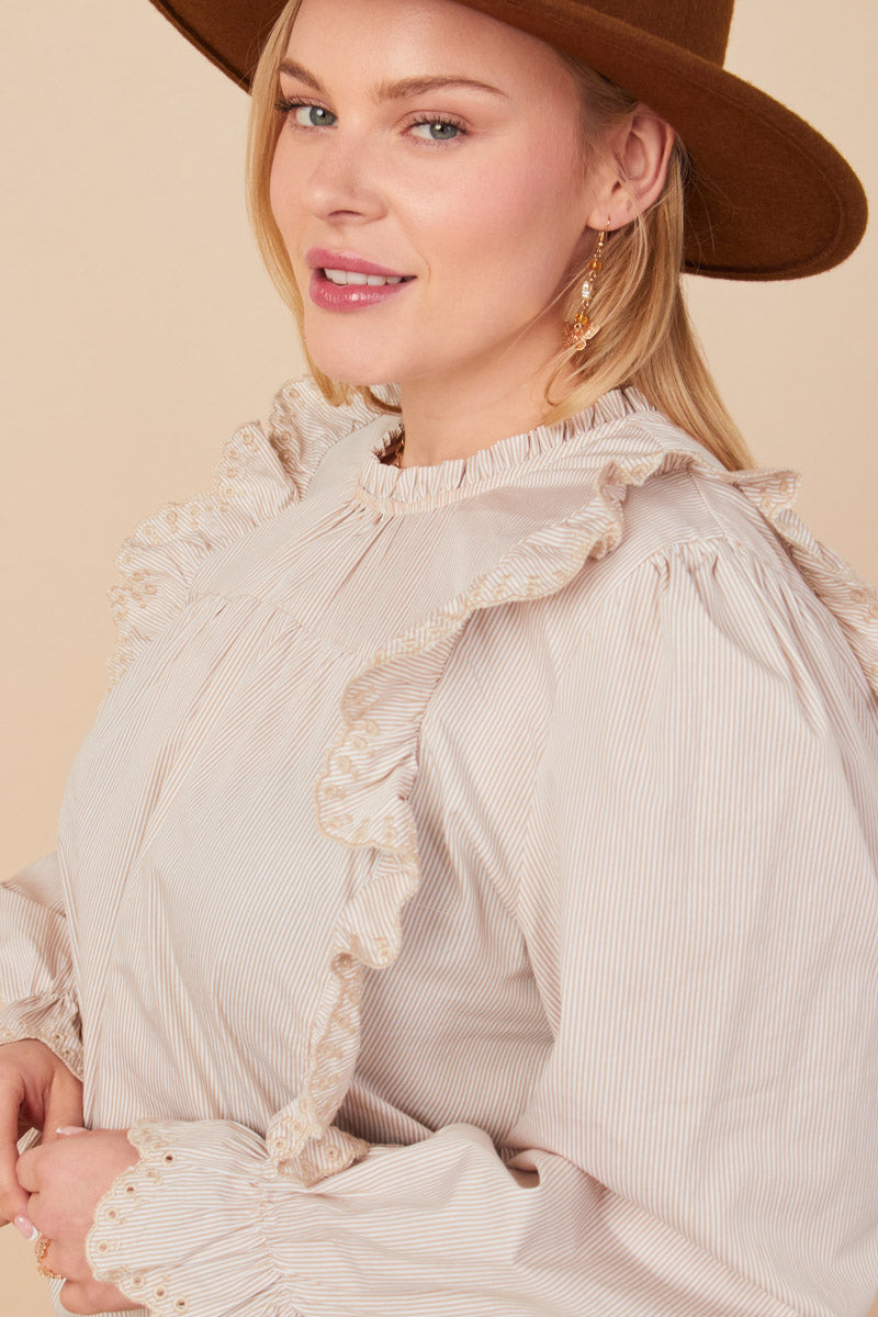 HY7431W Taupe Plus Scallop Lace Detail Ruffled Poplin Top Full Body