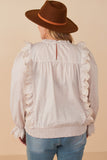 HY7431W Taupe Plus Scallop Lace Detail Ruffled Poplin Top Detail