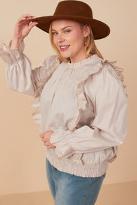 HY7431W Taupe Plus Scallop Lace Detail Ruffled Poplin Top Back