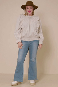 HY7431 TAUPE Womens Scallop Lace Detail Ruffled Poplin Top Side