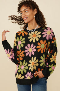 HY7433W Black Plus Retro Daisy Knit Pullover Sweater Front
