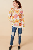 HY7433 Ivory Womens Retro Daisy Knit Pullover Sweater Front