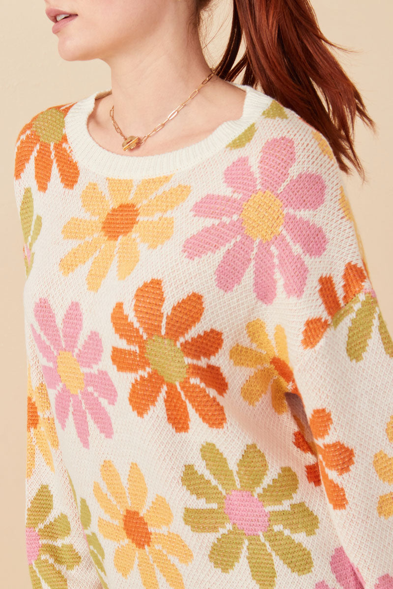 HY7433 Ivory Womens Retro Daisy Knit Pullover Sweater Gif