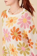 HY7433 Ivory Womens Retro Daisy Knit Pullover Sweater Gif