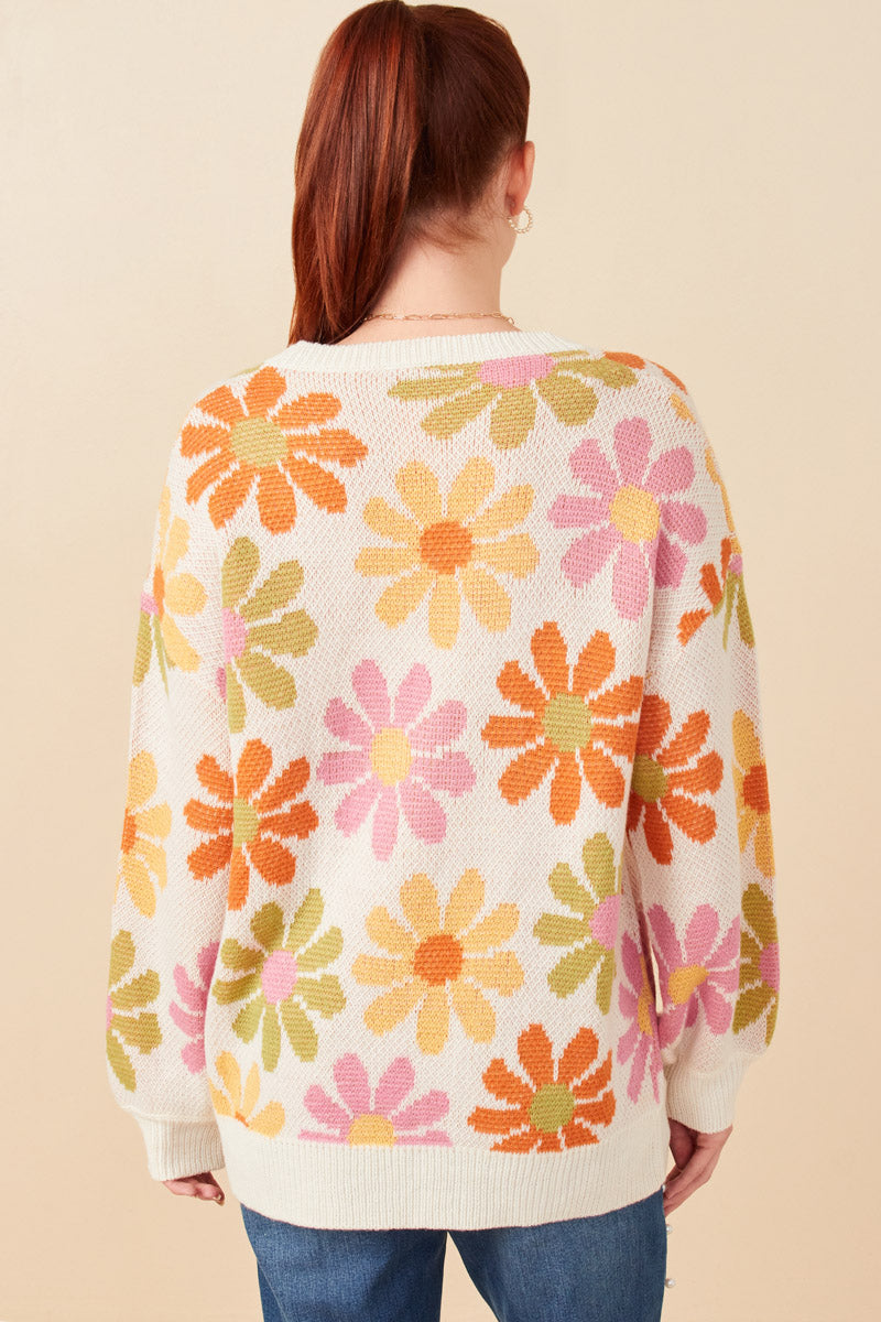 HY7433 Ivory Womens Retro Daisy Knit Pullover Sweater Full Body