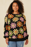 HY7433 Black Womens Retro Daisy Knit Pullover Sweater Front