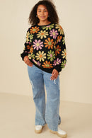 HY7433 Black Womens Retro Daisy Knit Pullover Sweater Back