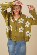 HY7434W Olive Plus Distressed Floral Patterned Cardigan Full Body