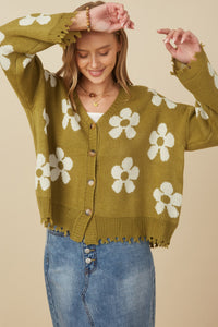 HY7434W Olive Plus Distressed Floral Patterned Cardigan Full Body