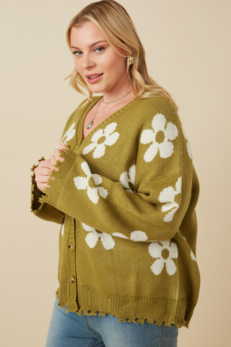 HY7434 Black Womens Distressed Floral Patterned Cardigan Full Body