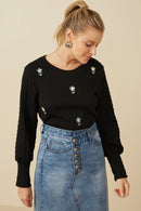 HY7443 Ivory Womens Cable Knit Floral Embroidered Long Sleeve Top Front